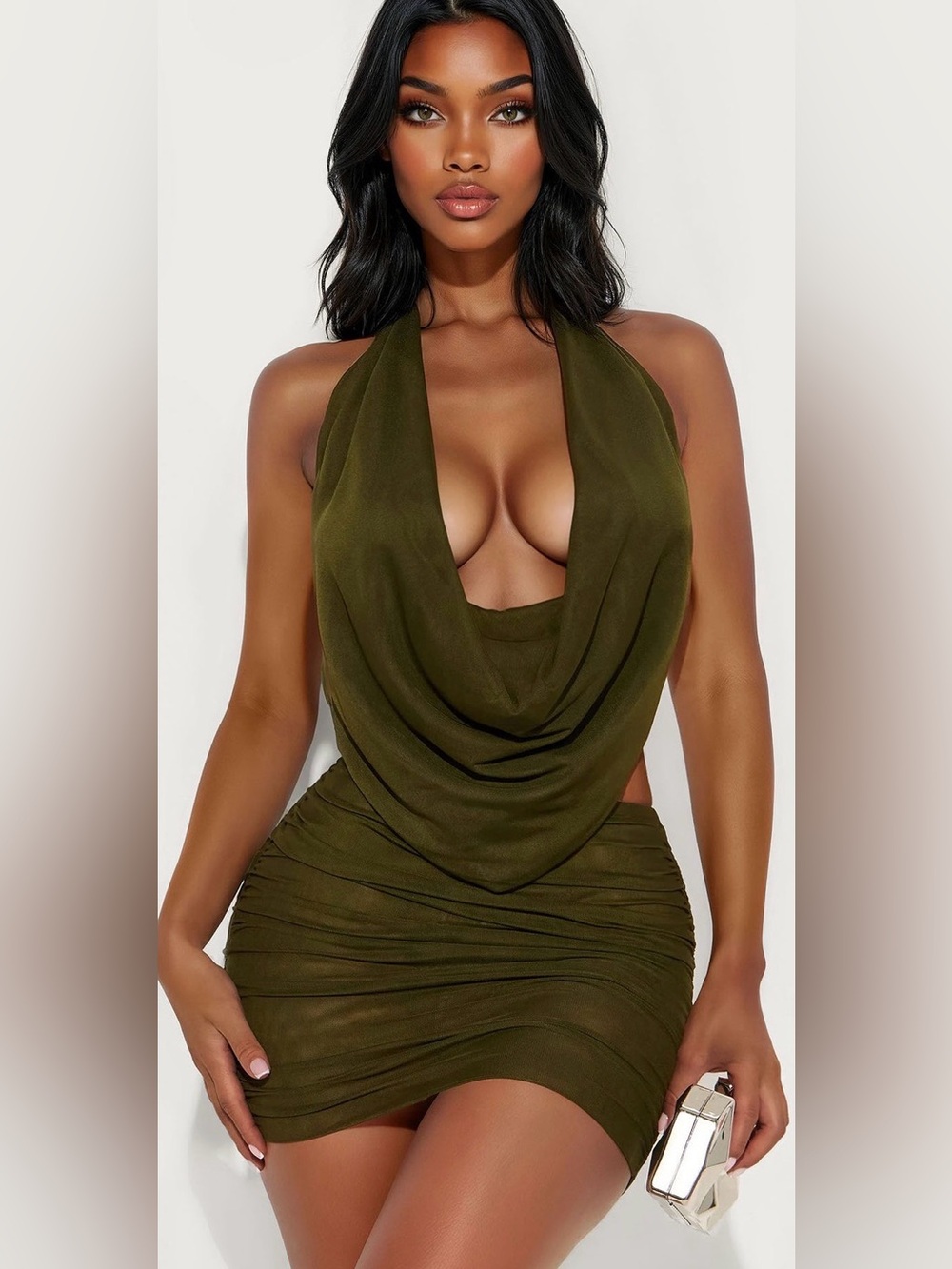 Fashion Nova Dark Olive Cowl Halter Mesh Mini Set